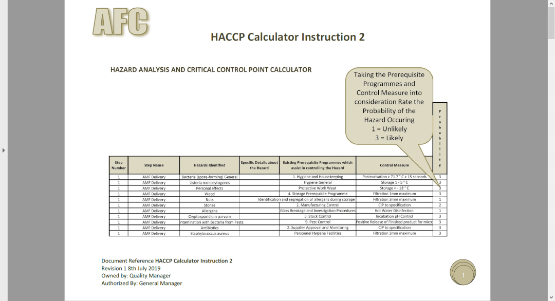 SQF HACCP Calculator Instruction